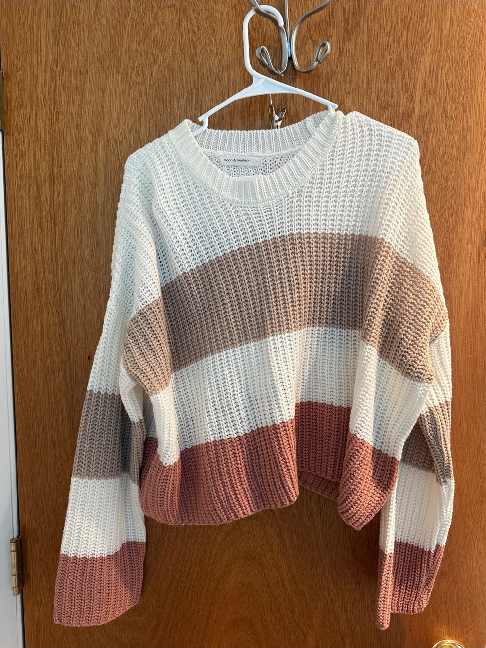 moon & madison Cropped Striped Crew Sweater in Cream, Taupe & Dusty Rose